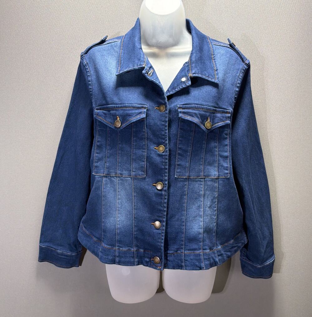 Adrienne Vittadini Blue Denim Cropped Jacket Buttons Pockets Size Med Stretch